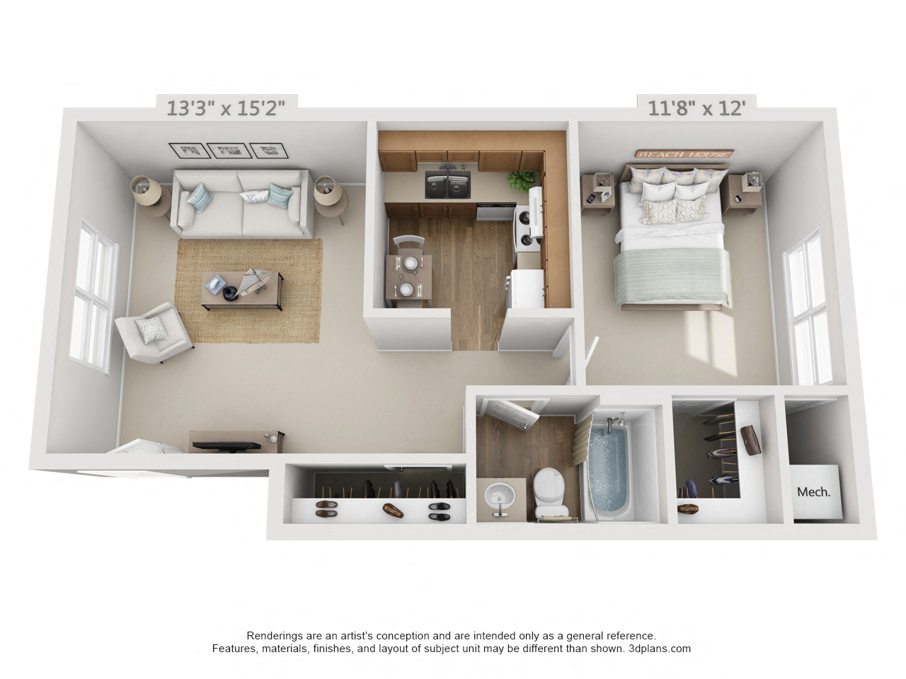 Floor plan for 1 bed, 1 bath, 600 sqft